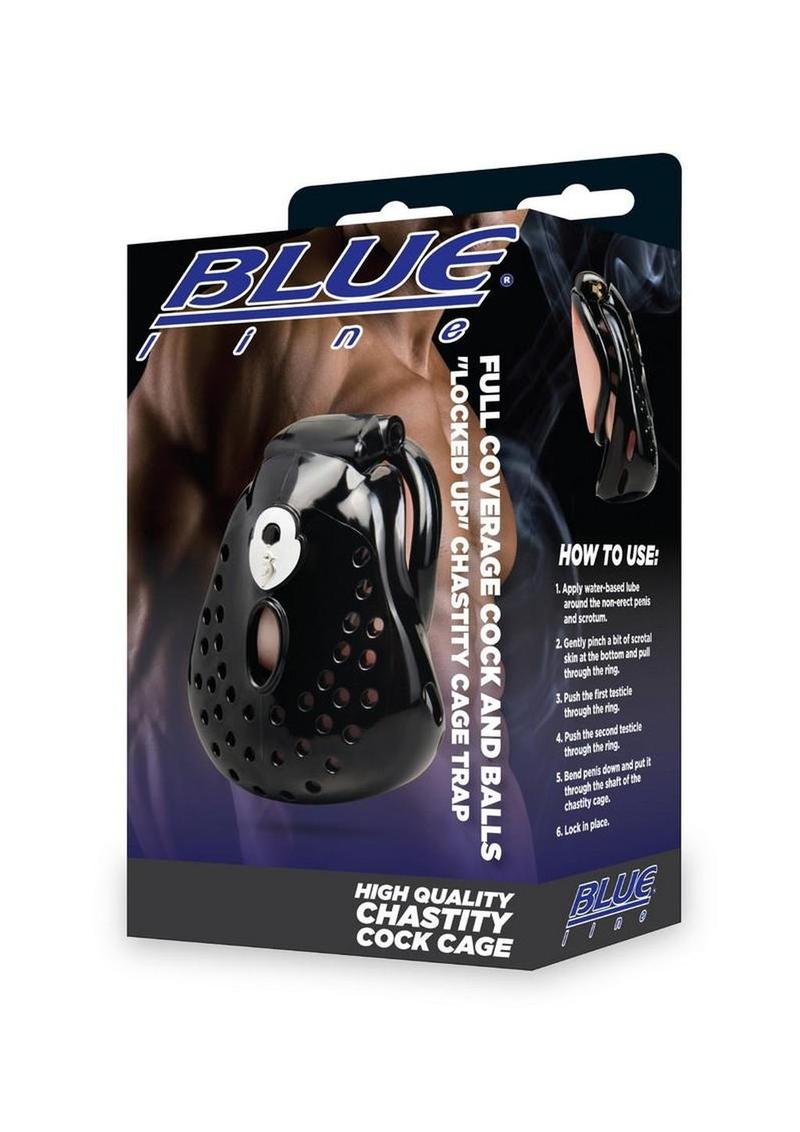 Blueline Full Coverage Cock and Balls Locked Up Chastity Cage Trap - Black