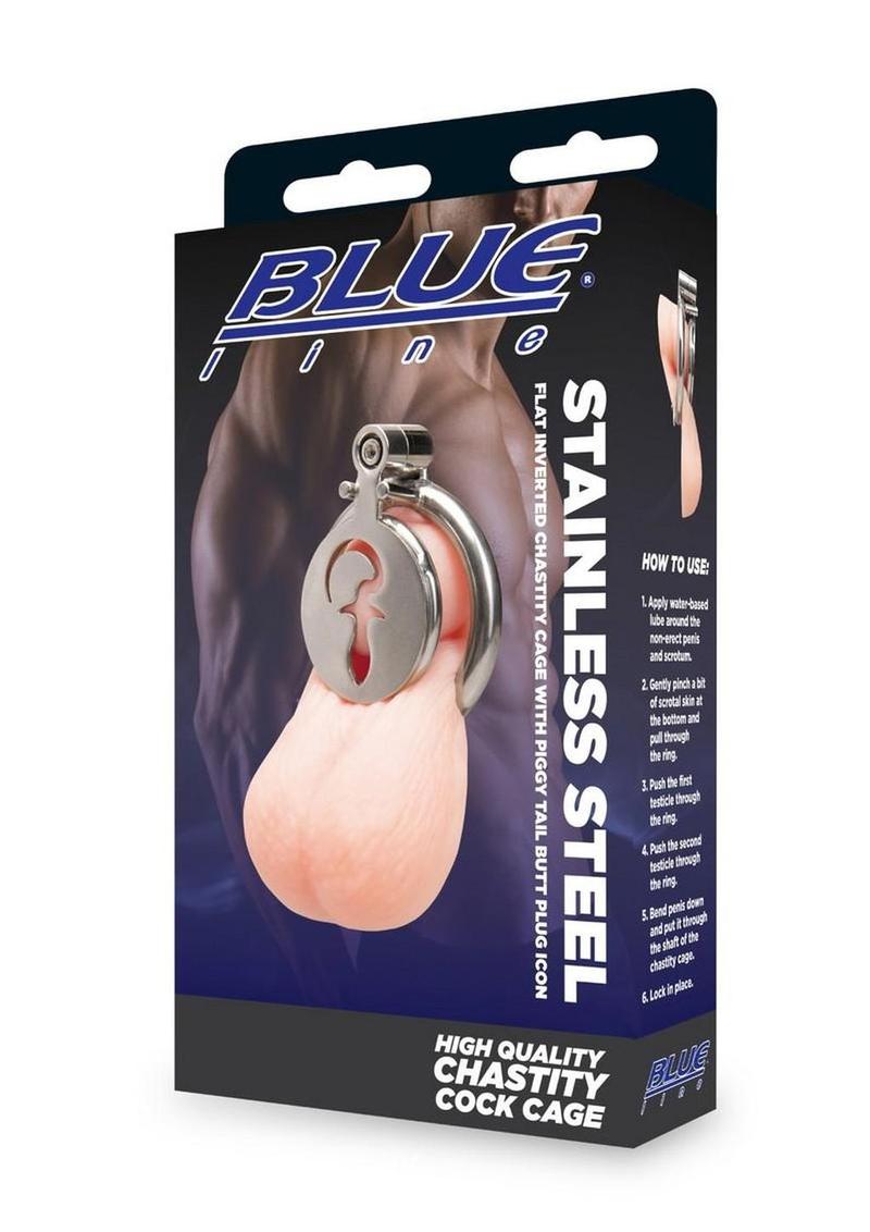 Blueline Stainless Steel Flat Inverted Cage with Piggy Tail Butt Plug Icon - Silver