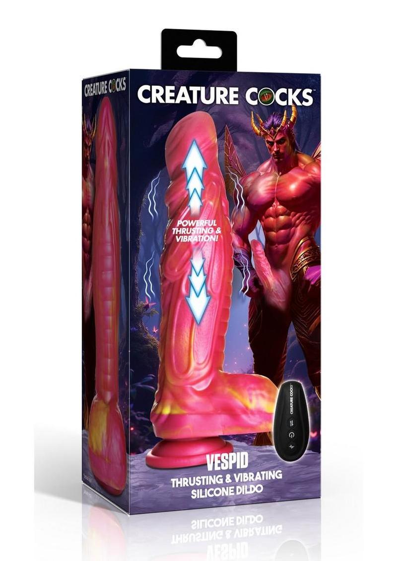 Creature Cocks Vespid Thrusting and Vibrating Silicone Dildo with Remote - Orange/Pink