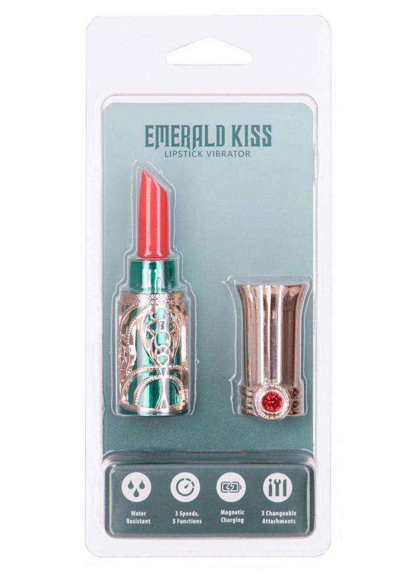 Emerald Kiss Lipstick Rechargeable Silicone Clitoral Stimulator - Green/Rose Gold - Set