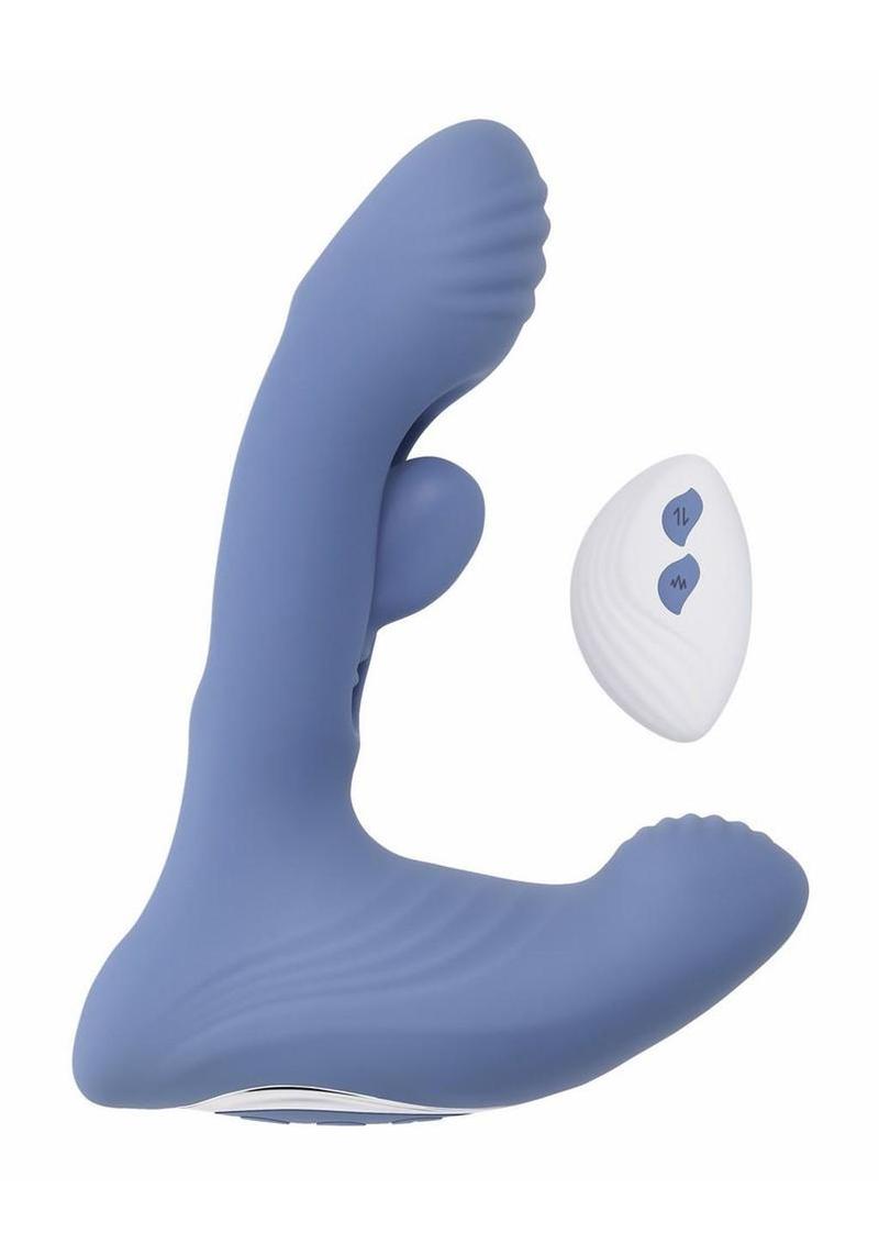 Gender X Flapjack Rechargeable Silicone Vibrating Dildo with Clitoral Stimulator - Blue
