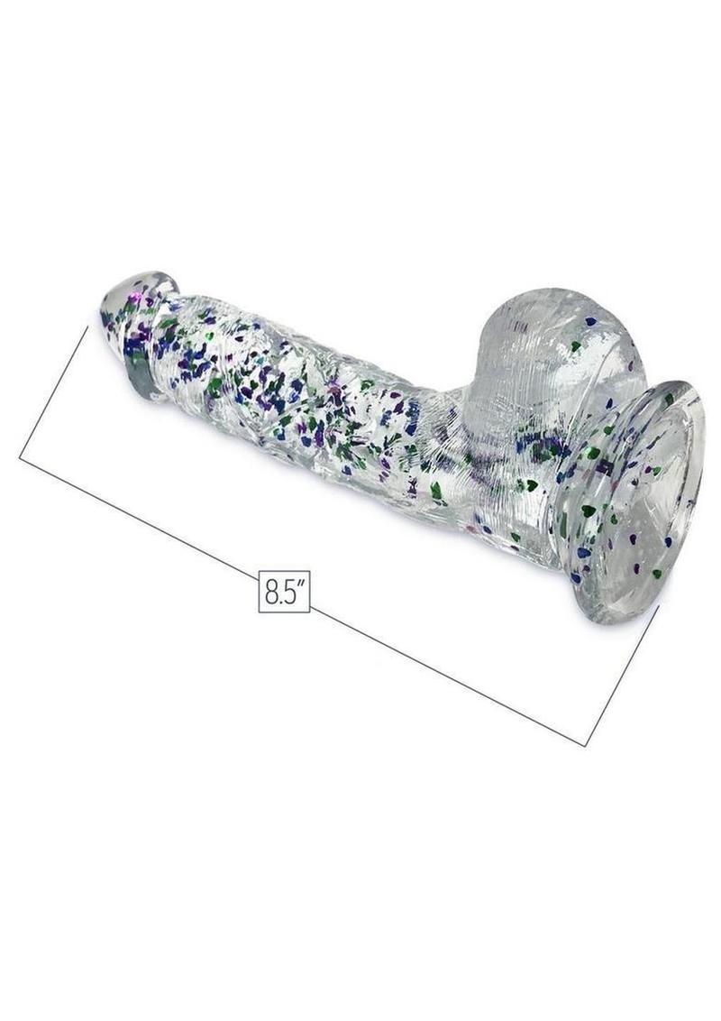 Glittergasm Realistic Clear Dildo with Balls and Suction Cup - Red/Orange/Golden Glitter