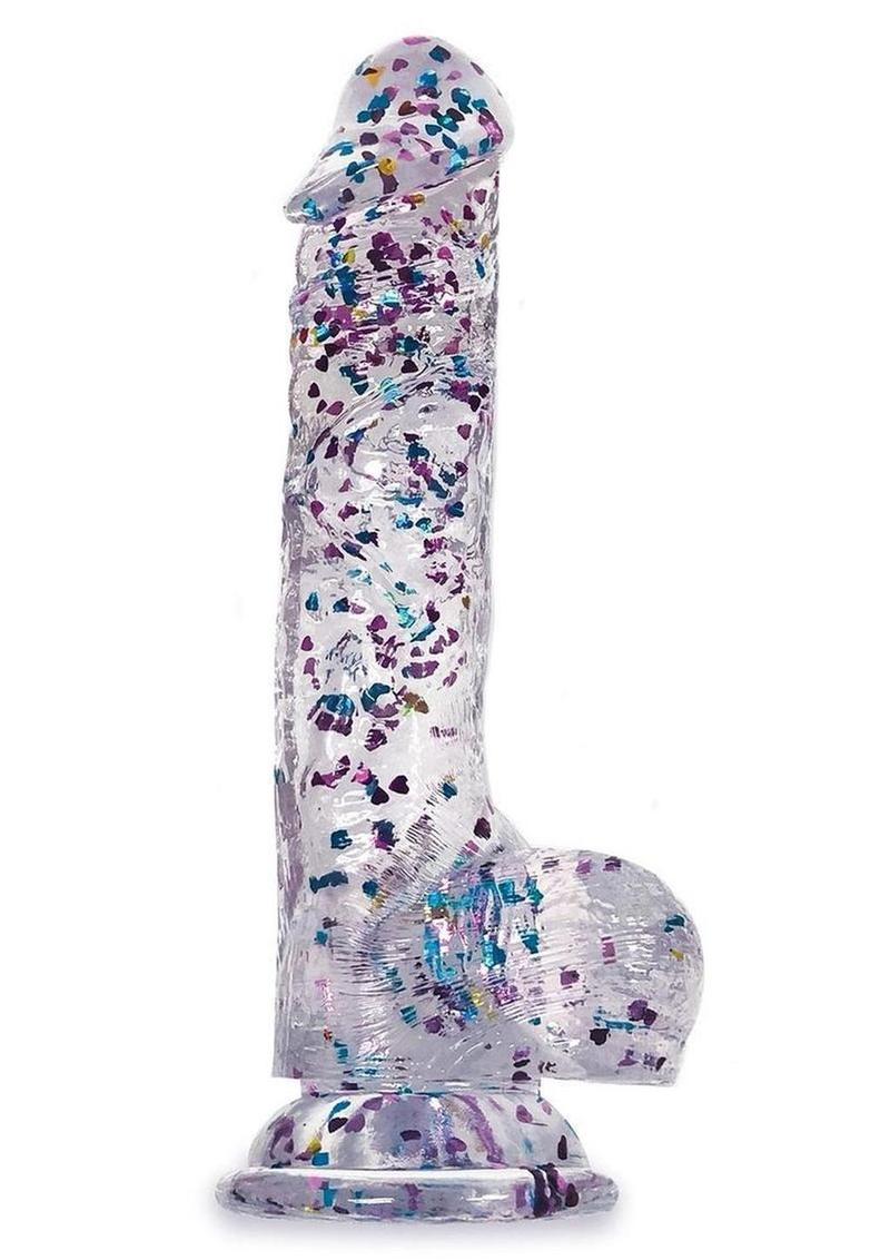 Glittergasm Realistic Clear Dildo with Balls and Suction Cup - Red/Orange/Golden Glitter - Gold/Orange/Red