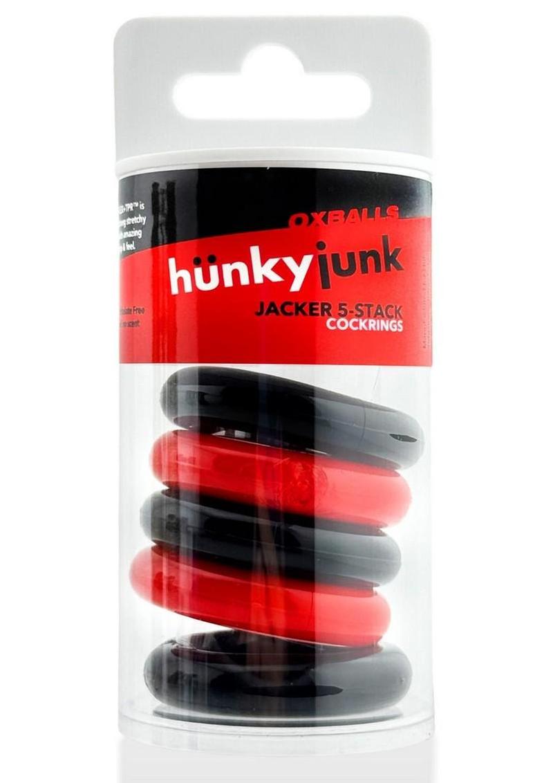 Hunkyjunk Jacker 5 Stack Super-Strong Cockrings - Black/Red - 5 Pack