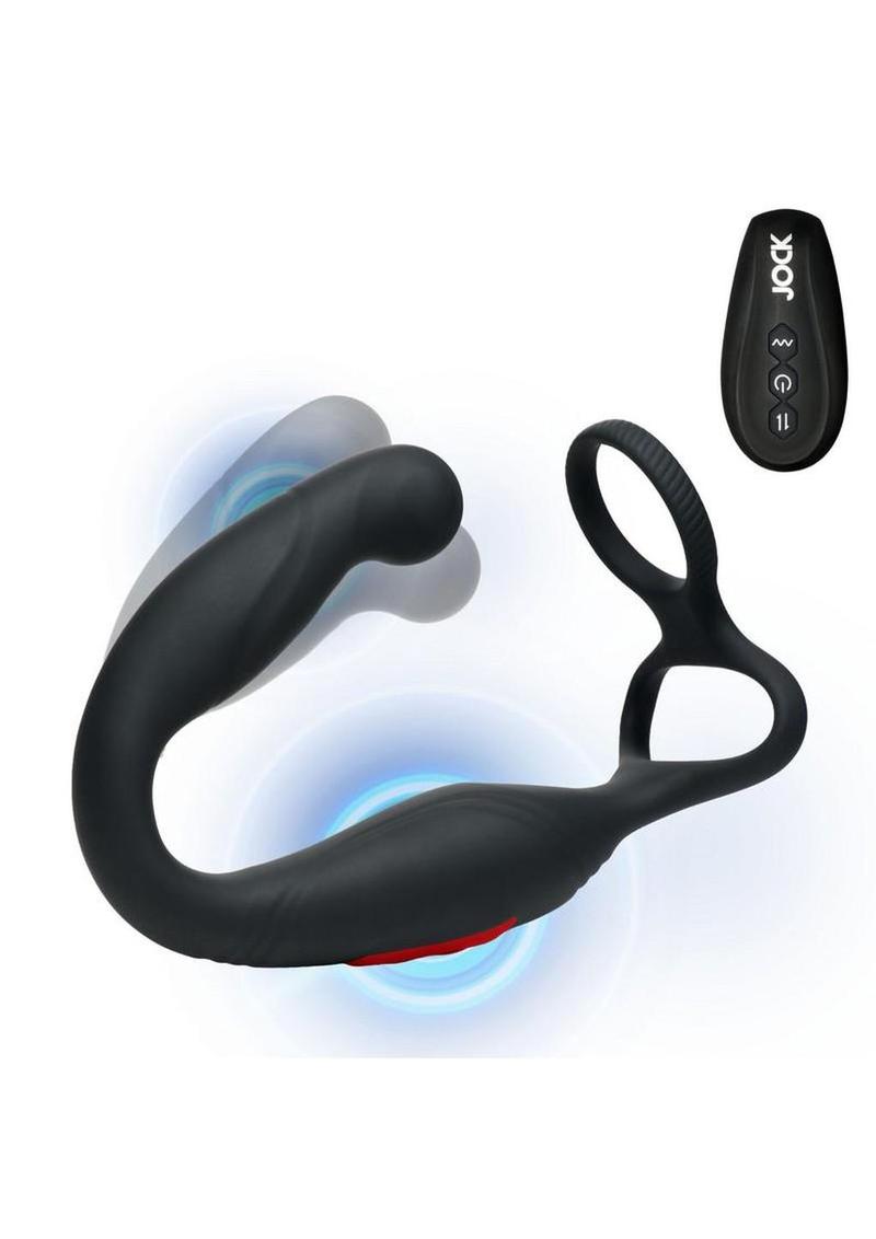 Jock Axis Gyrating Rechargeable Silicone Prostate Vibrator with C-Ring and Remote - Black