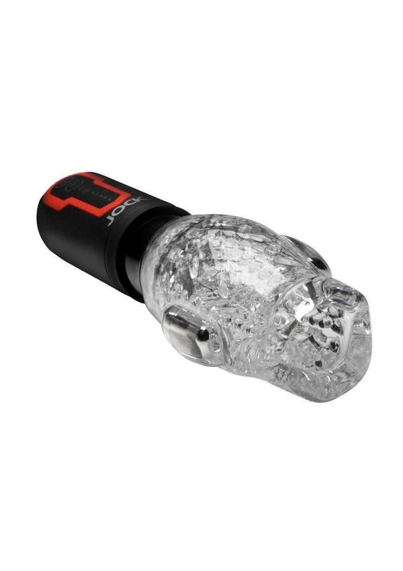 Jock Spinning and Thrusting Rechargeable Masturbator with 2 Bullets - Black/Clear/Red