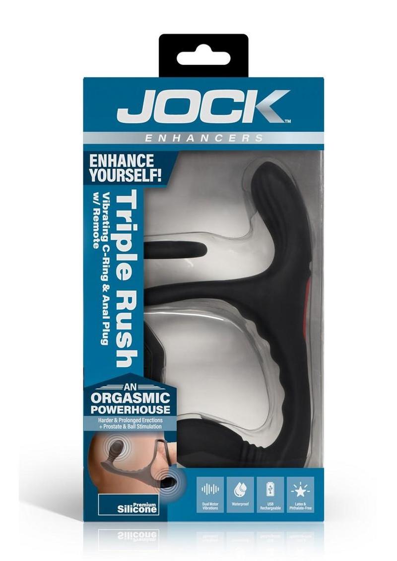 Jock Triple Rush Rechargeable Silicone Vibrating C-Ring and Anal Plug with Remote Contol - Black