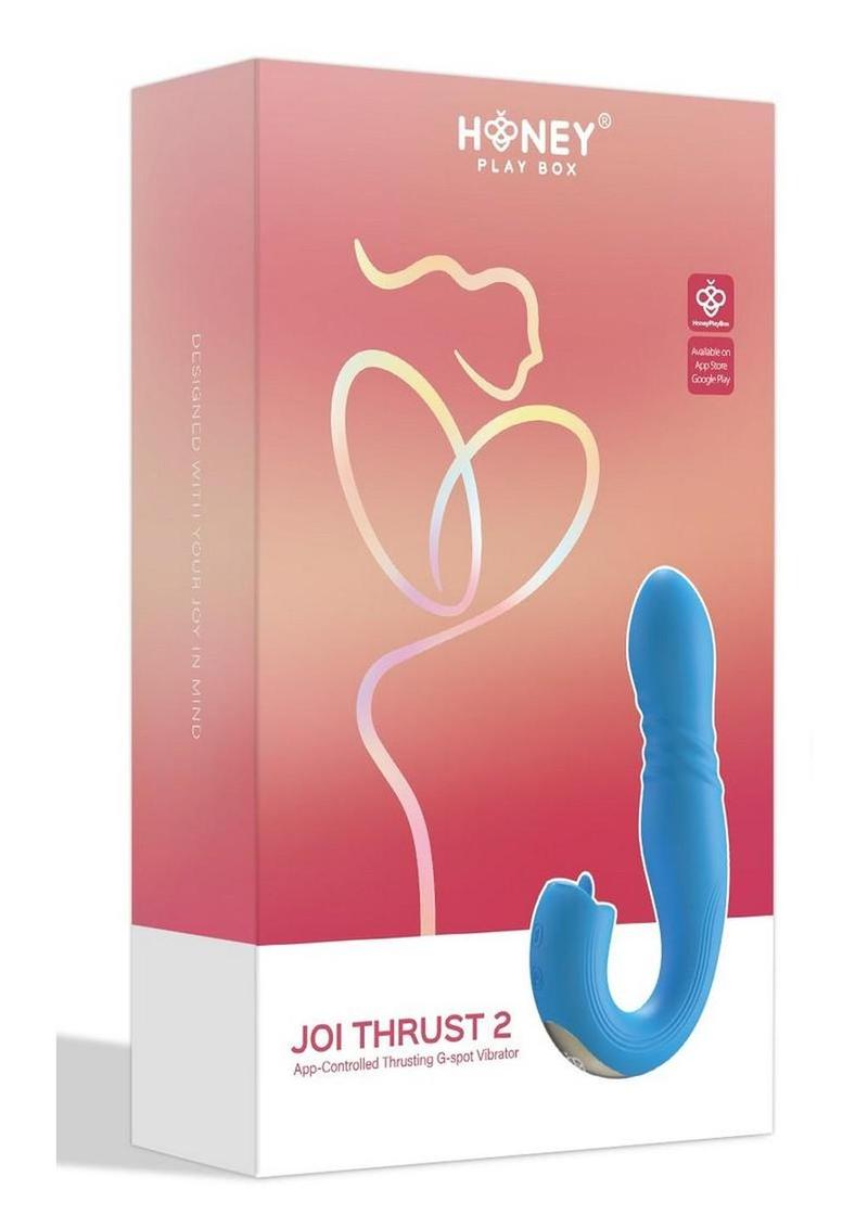 Joi Thrust 2 Pressure Sensing App Controlled Thrusting G-Spot Silicone Rechargeable Vibrator and Tongue Clit Licker - Blue/Gold