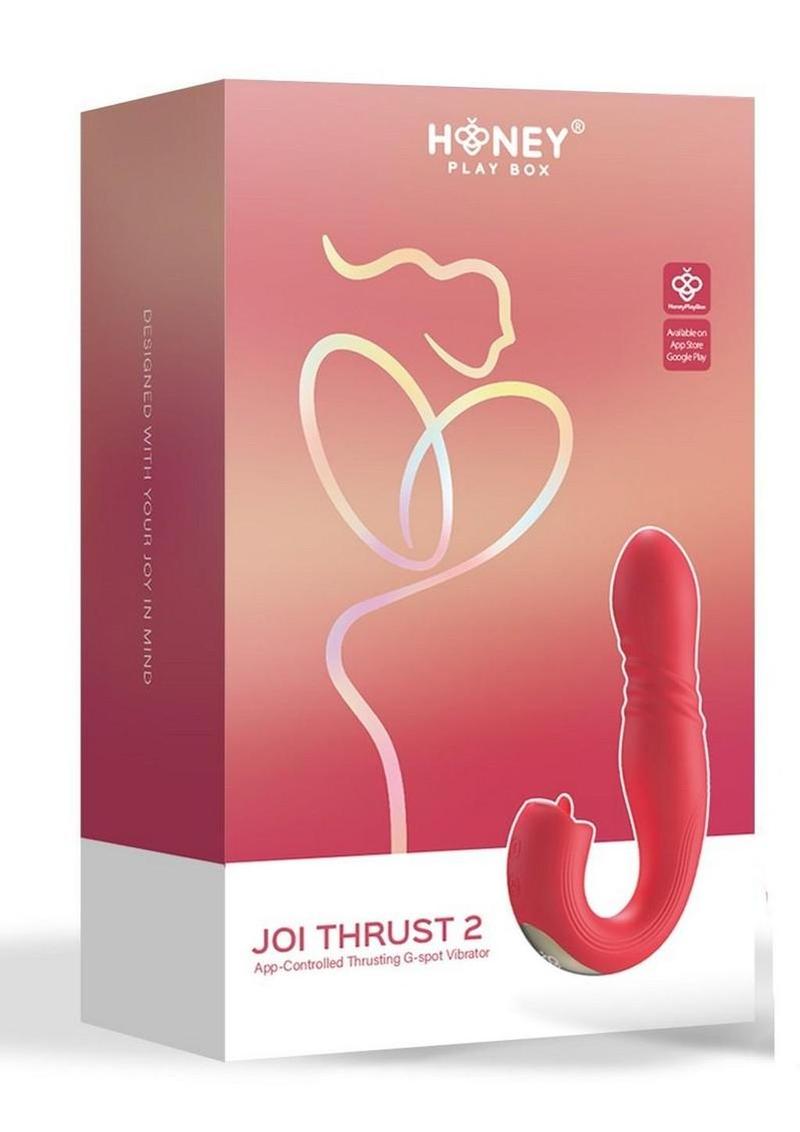 Joi Thrust 2 Pressure Sensing App Controlled Thrusting G-Spot Silicone Rechargeable Vibrator and Tongue Clit Licker - Gold/Red