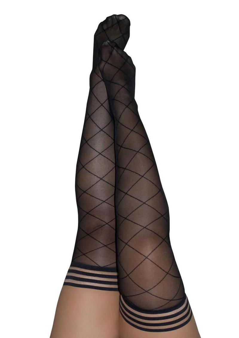 Kixies Anna Sheer Diamond Pattern Thigh Highs - Size C - Black - Large