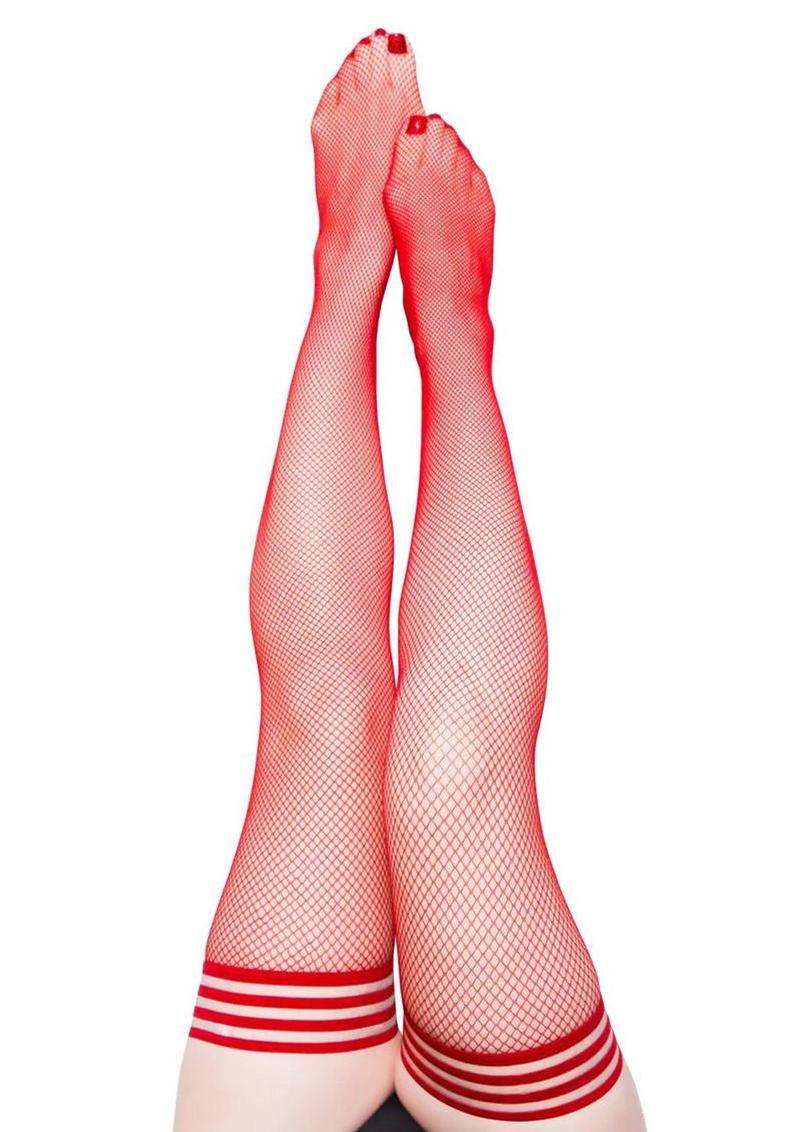 Kixies Sandra Fishnet Thigh High - Size C - Red - Large