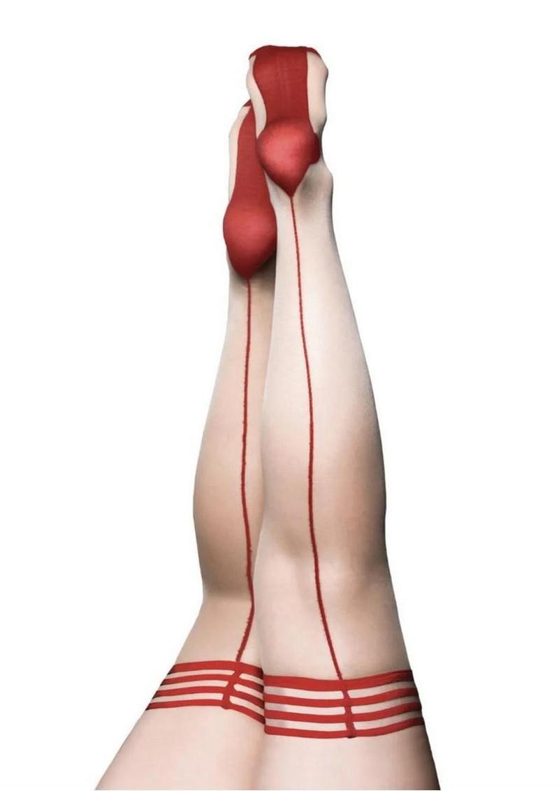 Kixies Whitney Sheer with Back Seam Thigh High - Size B - Nude/Red - Medium