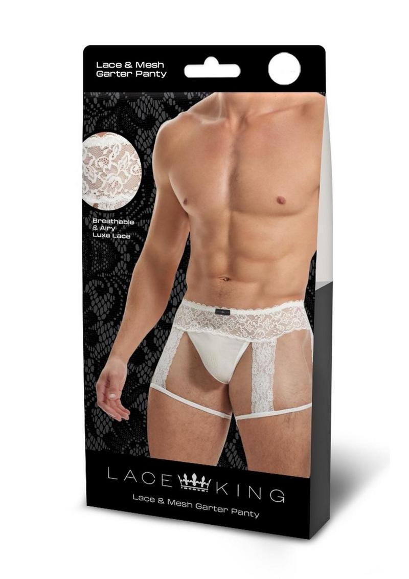 Lace King Men's Lace and Mesh Garter Panty - White - Large/XLarge
