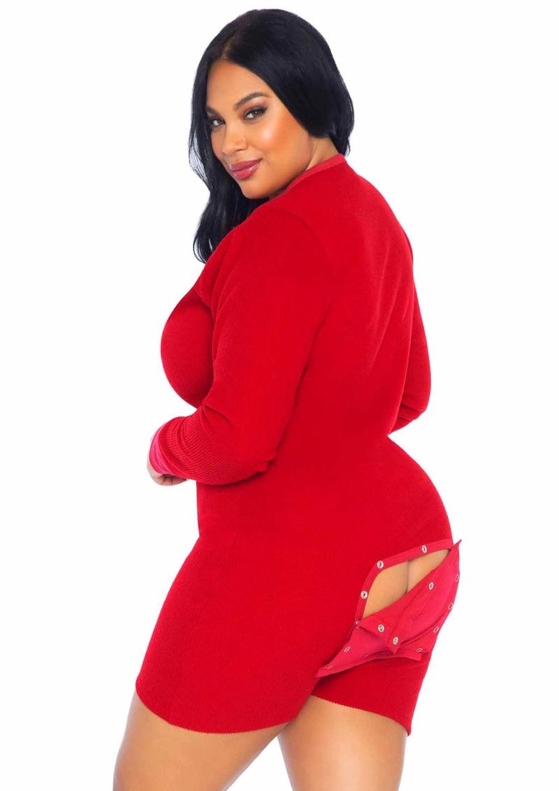 Leg Avenue Brushed Rib Romper Long Johns with Cheeky Snap Closure Back Flap - Red - 3XLarge/4XLarge/Queen