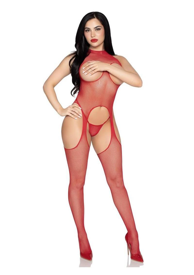 Leg Avenue Circle Net Cupless Suspender Lingerie Jumpsuit and Matching Panty