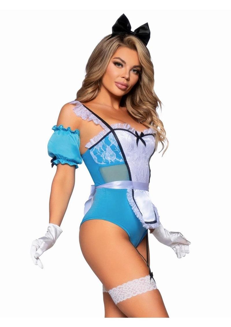 Leg Avenue Curious Miss Alice Lace Trimmed Garter Bodysuit with Sheer Panels, Puff Sleeves, Apron, and Bow Headband - Blue/White - Large - 4 Piece