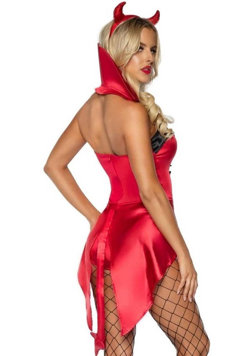 Leg Avenue Devilish Darling Tux and Tails Bodysuit with Stay Up Collar, Pin-On Devil Tail, and Sequin Devil Horn Headband - Red - Large - 3 Piece
