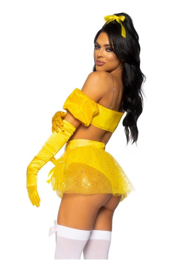 Leg Avenue Fairytale Beauty Glitter Shimmer Bra Top with Gathered Rosette Center and Puff Sleeves, High Waist Panty with Ribbon Pick-Up Skirt, Removable Clear Straps, and Matching Hair Ribbon - Yellow - Medium - 4 Piece