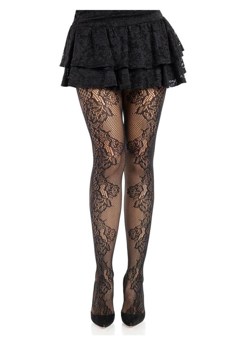Leg Avenue Fleurine Eyelet Lace Tights - Black - One Size