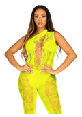 Leg Avenue Floral Lace Convertible Footless Bodystocking with Opaque Panel Detail - Neon Yellow/Yellow - One Size
