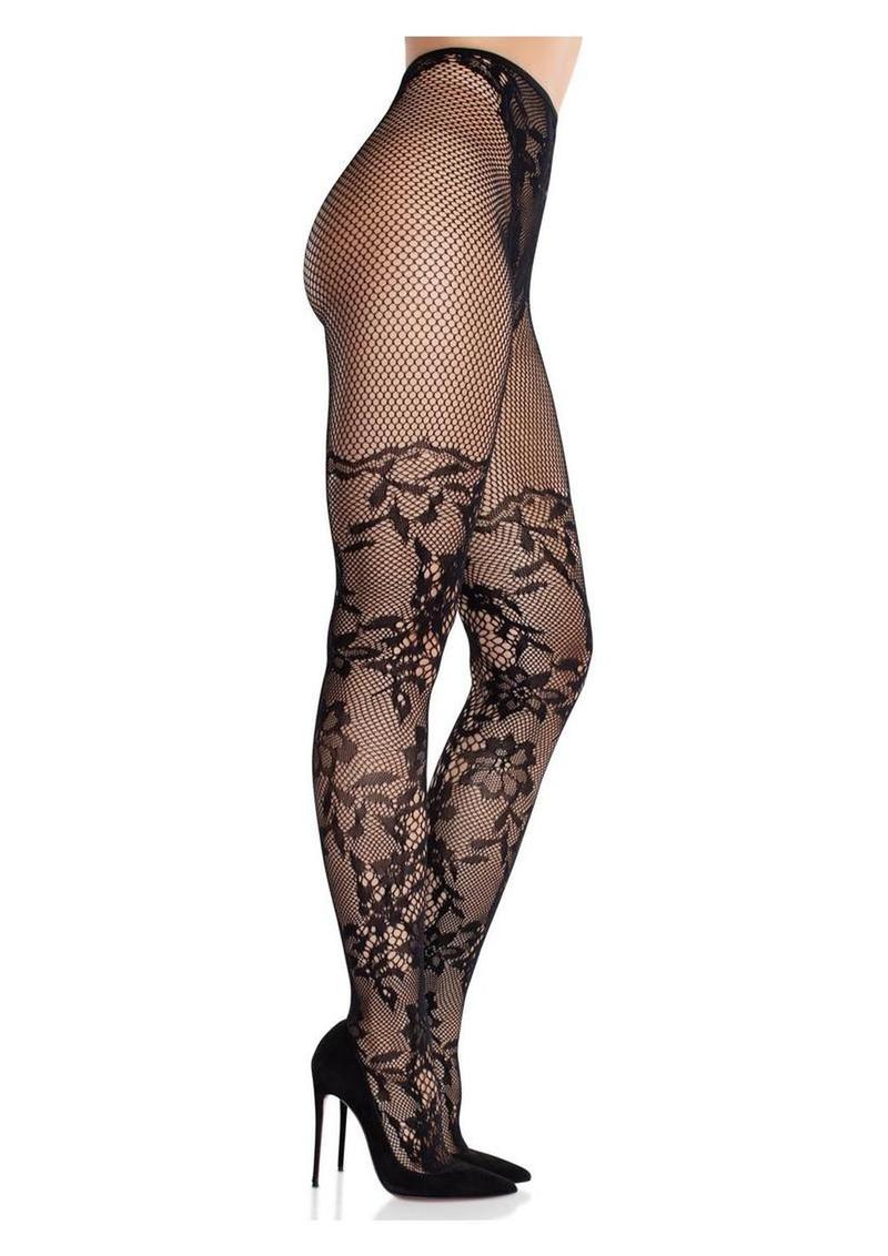 Leg Avenue French Cut Dahlia Lace Tights with Net Thigh Detail - Black - One Size