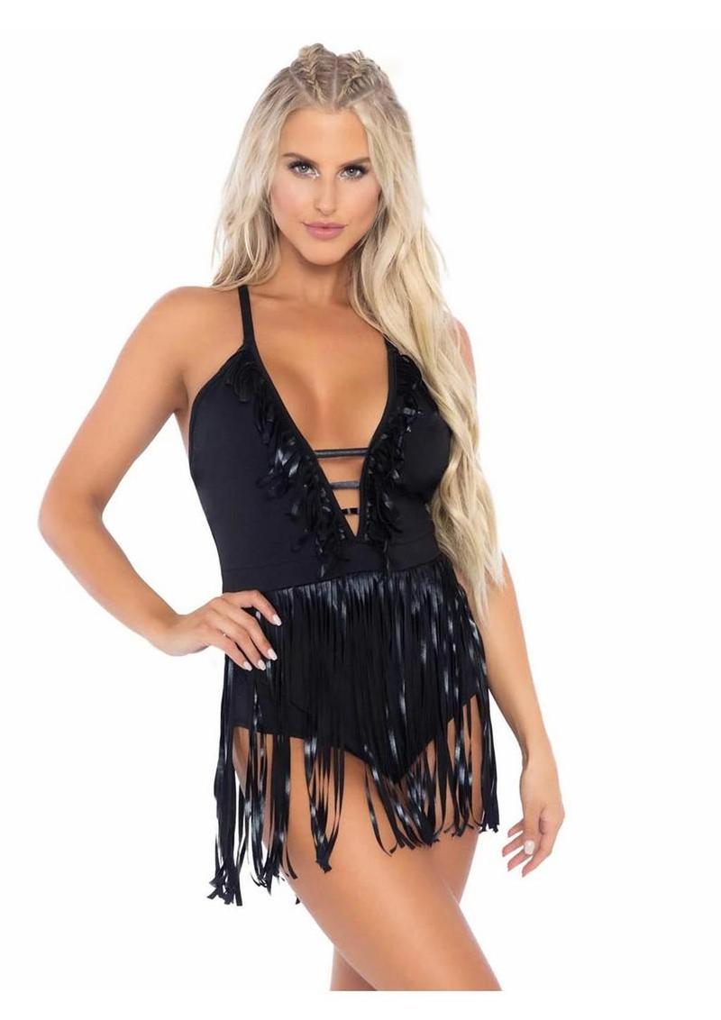 Leg Avenue Fringe Halter Bodysuit - Black - Medium/Small