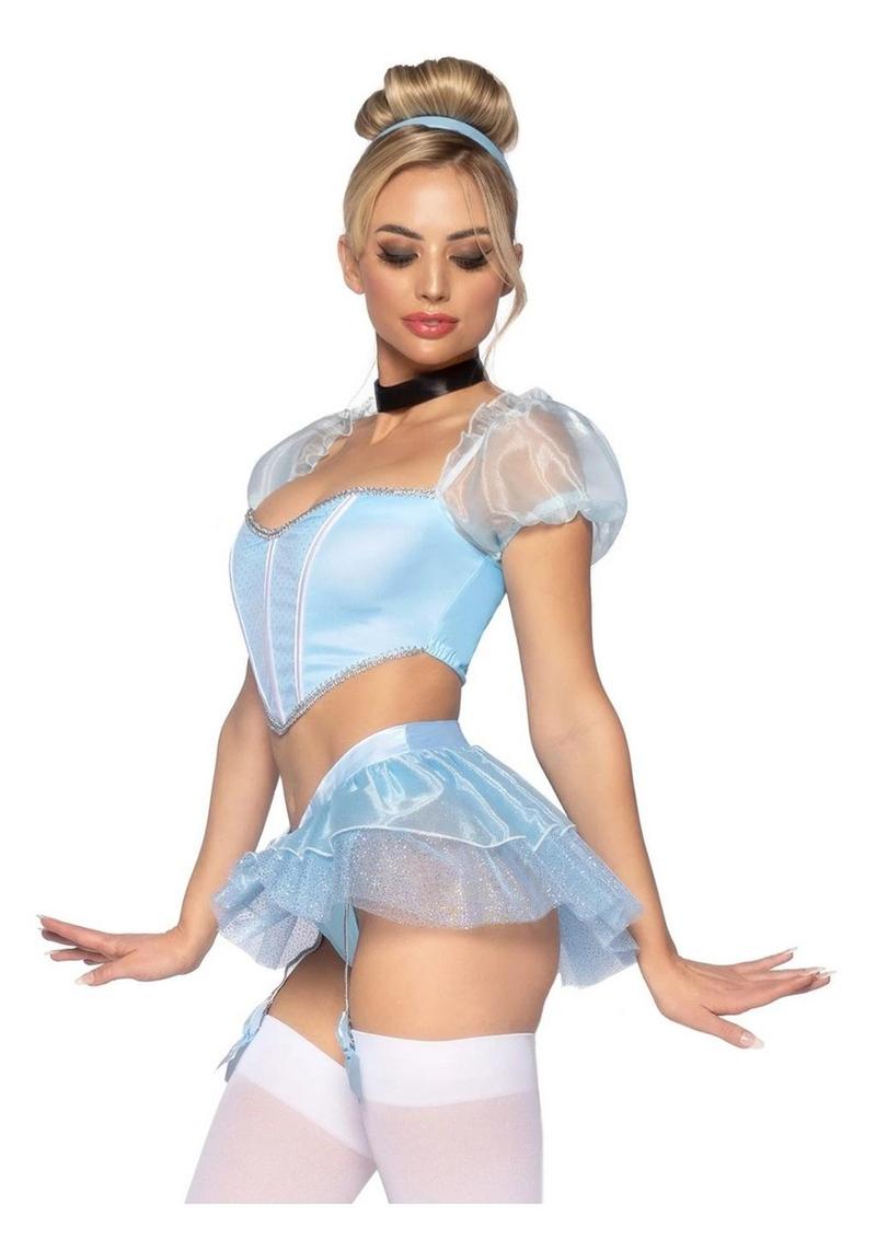 Leg Avenue Glass Slipper Cinderella Boned Sweetheart Crop Top with Organza Sleeves, Garter Panty with Shimmer Sheer Skirt, Ribbon Choker, and Matching Hair Band - Blue - Medium - 4 Piece