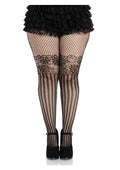 Leg Avenue Illusion Lace Top Net Striped Tights - 1x/2x - Black