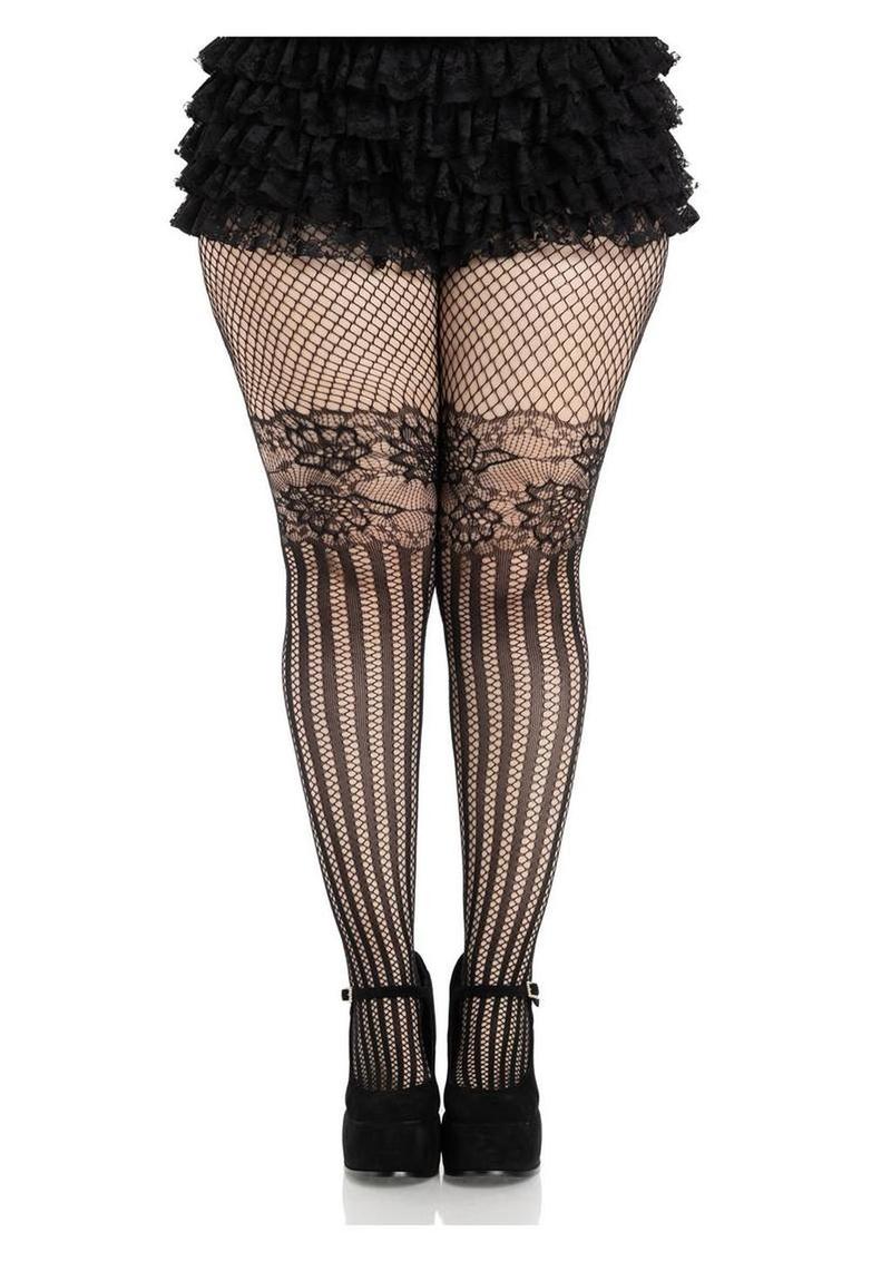 Leg Avenue Illusion Lace Top Net Striped Tights - 1x/2x - Black