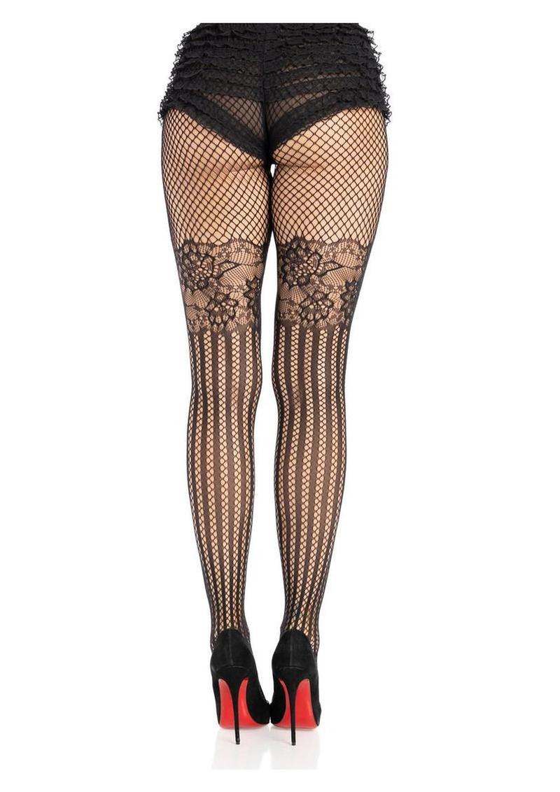 Leg Avenue Illusion Lace Top Net Striped Tights - Black - One Size