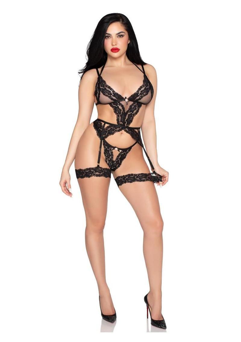 Leg Avenue Lace and Sheer Cami Garter with Rosette Accent and Matching G-String Panty