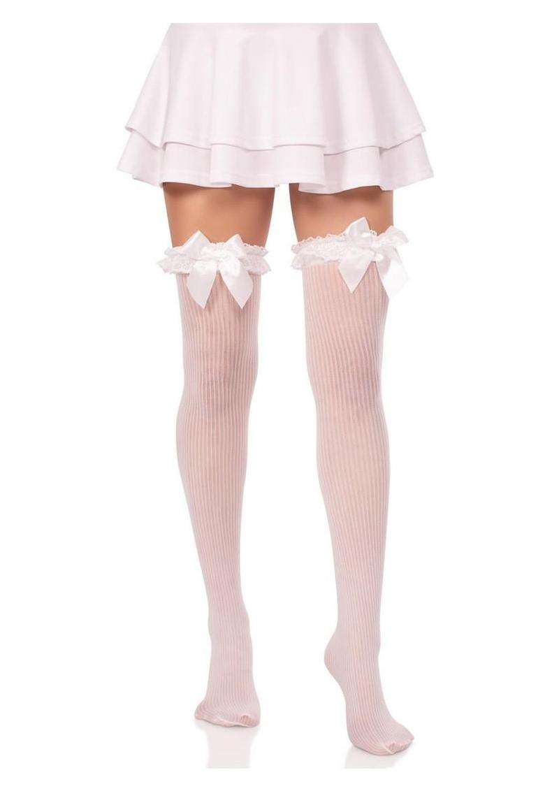 Leg Avenue Lace Garter Sheer Striped Thigh Highs with Satin Bow Accent