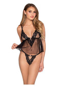 Leg Avenue Lace Trimmed Sheer Babydoll with Rosette Accent and Matching Lace Panty - Black - Large - 2 Piece