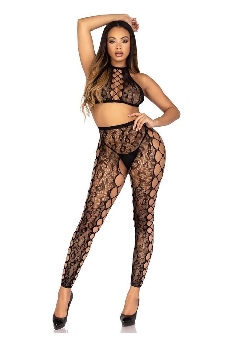 Leg Avenue Leopard Net Crop Top and Crotchless Footless Tights with Faux Lace-Up Detail