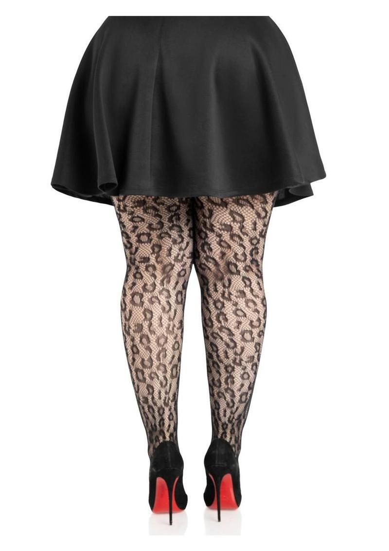 Leg Avenue Leopard Net Tights - 1x/2x - Black