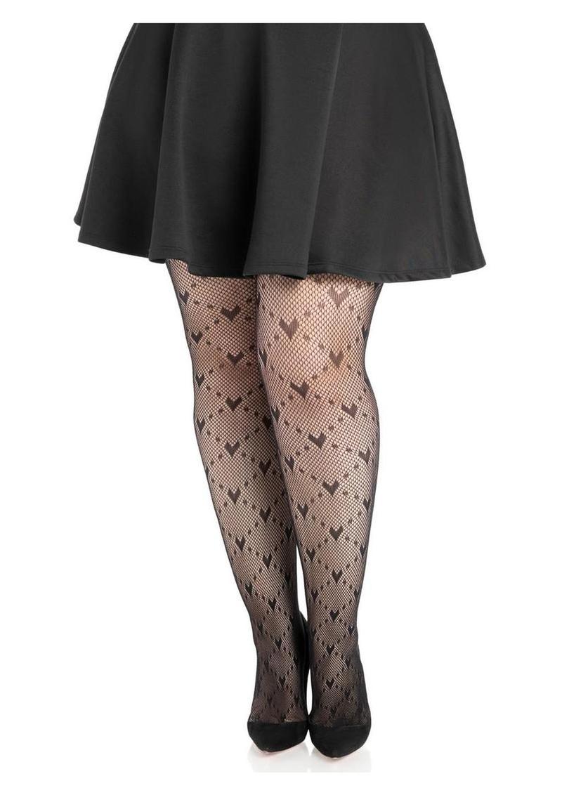 Leg Avenue Love Struck Heart Net Tights - 1x/2x - Black