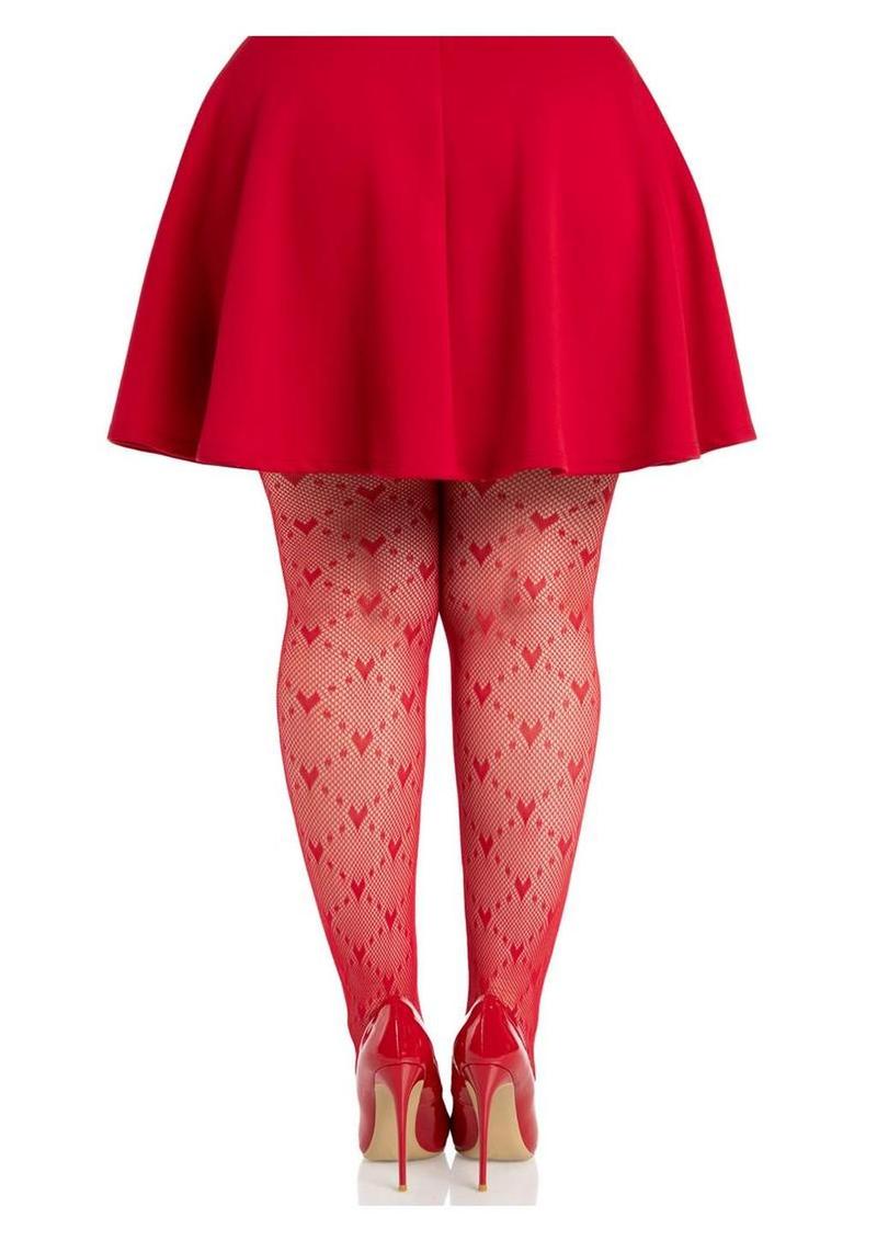 Leg Avenue Love Struck Heart Net Tights - 1x/2x - Red