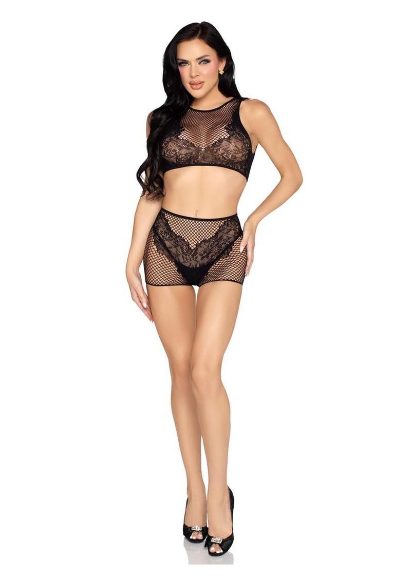 Leg Avenue Net and Lace Crop Top and Matching Boy Shorts (2 Piece) - Os
