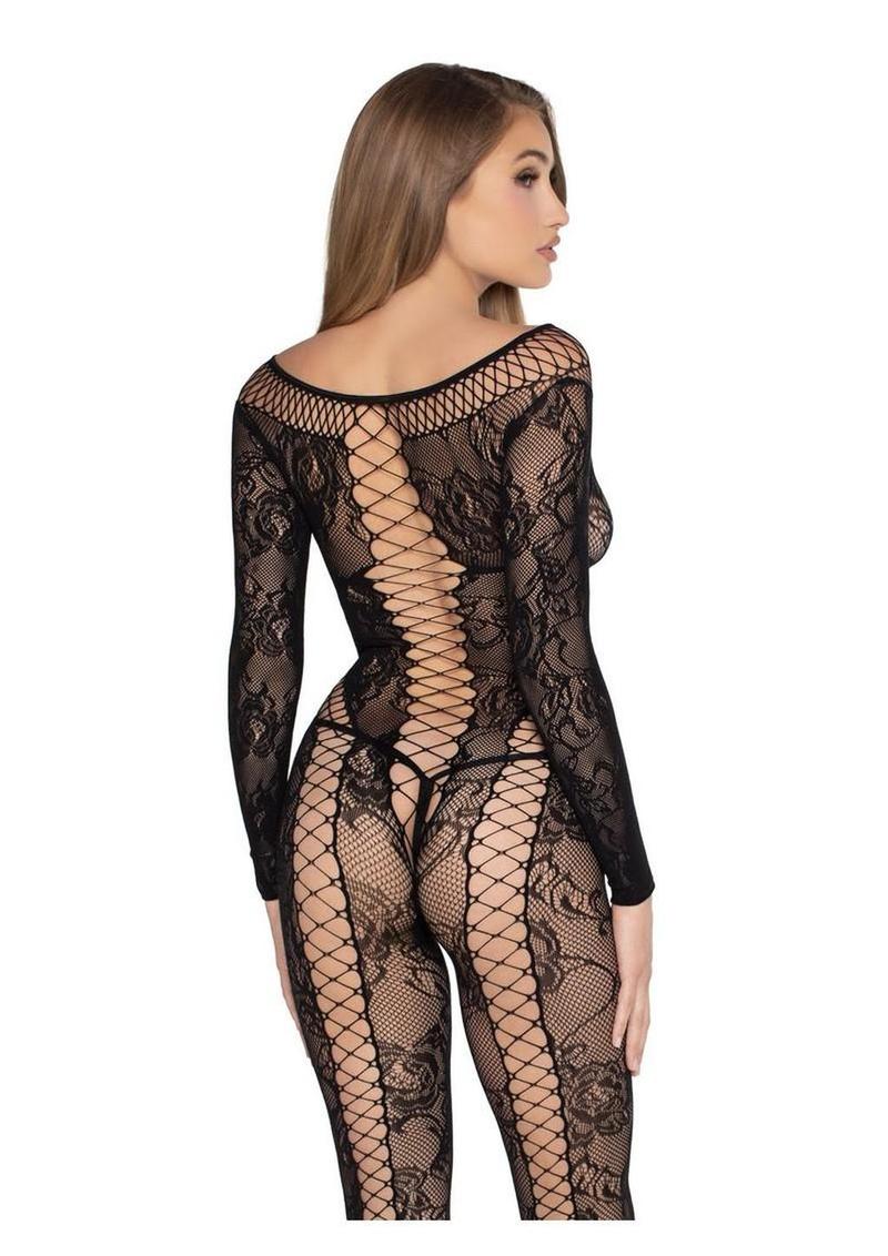 Leg Avenue Net and Lace Crotchless Lingerie Jumpsuit - Black - One Size