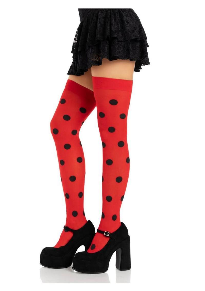 Leg Avenue Polka Dot Opaque Thigh Highs - Black/Red - One Size