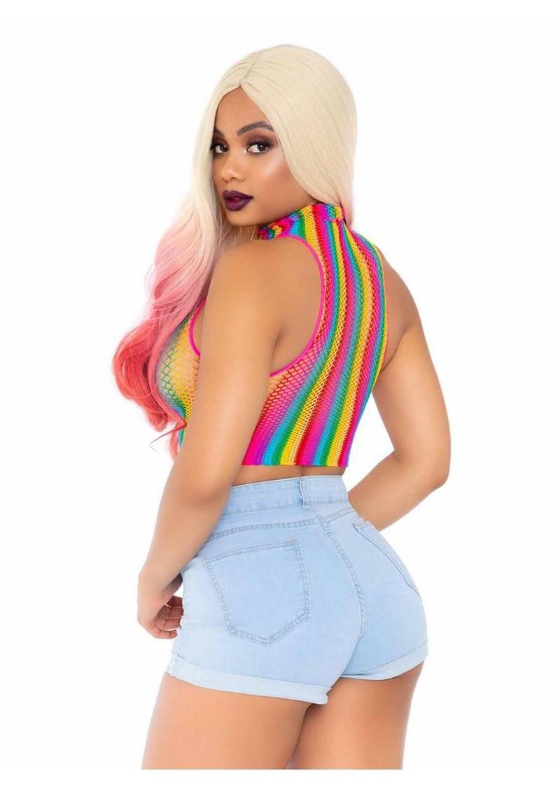 Leg Avenue Rainbow Net High Neck Crop Top - One Size