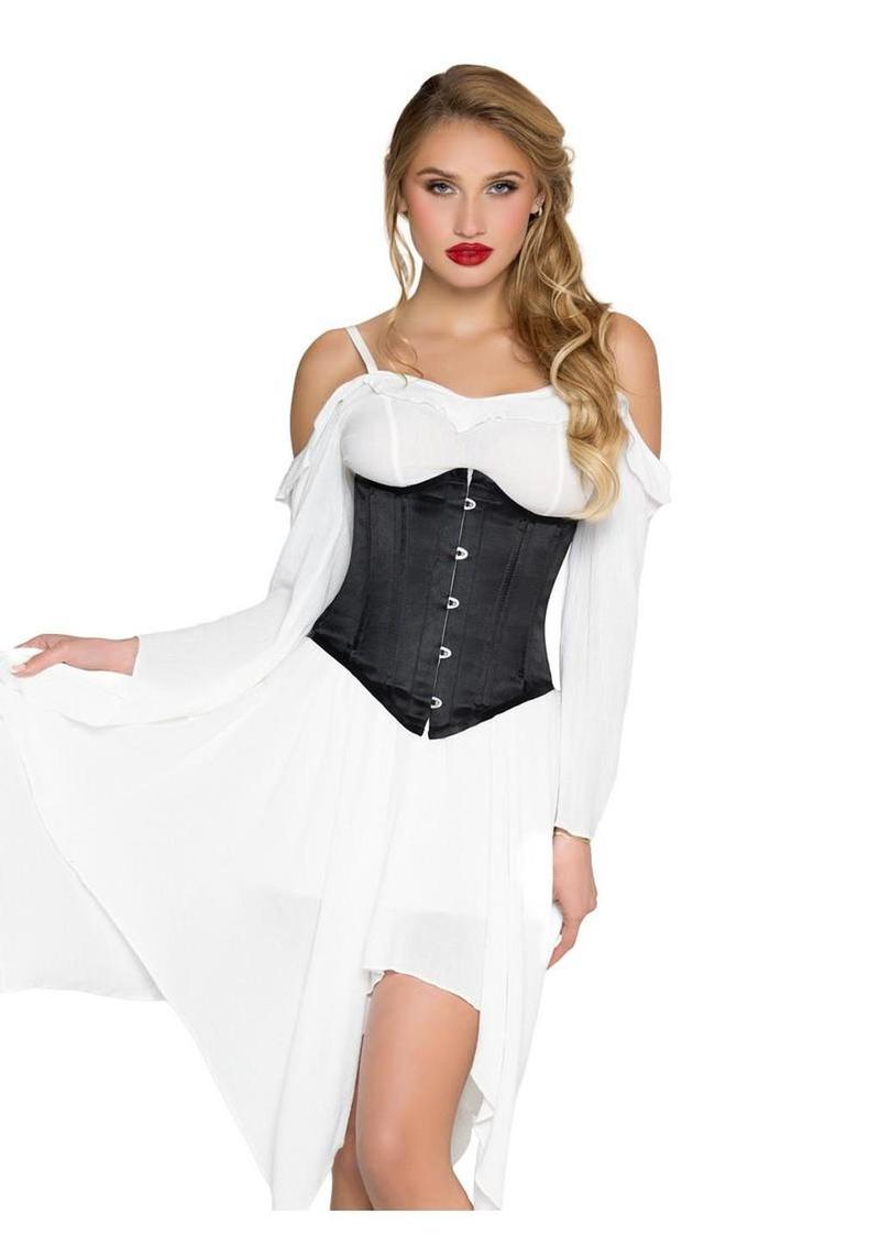 Leg Avenue Steel Boned Satin Waist Cincher with Full Busk Closer and Lace-Up Back - X - Black - Large
