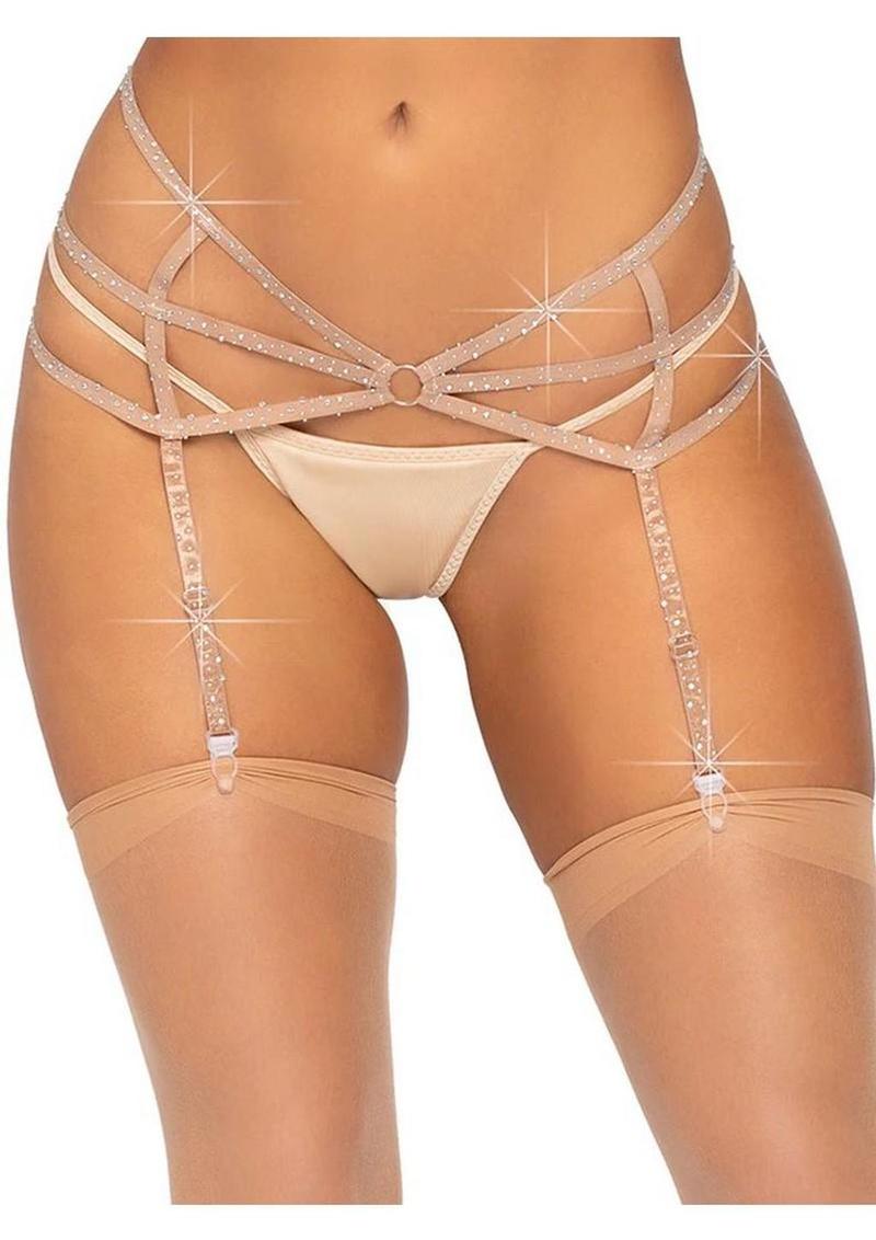 Leg Avenue Strappy Elastic Rhinestone Garter Belt with O-Ring Detail - Nude - One Size