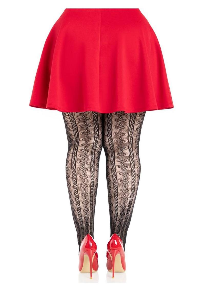 Leg Avenue Sweetheart Striped Net Tights with Keyhole - 1x-2x - Black/Red