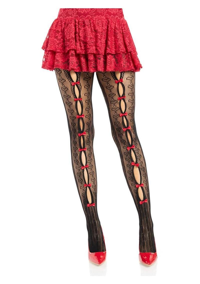 Leg Avenue Sweetheart Striped Net Tights with Keyhole and Mini Bow Detail - Black/Red - One Size