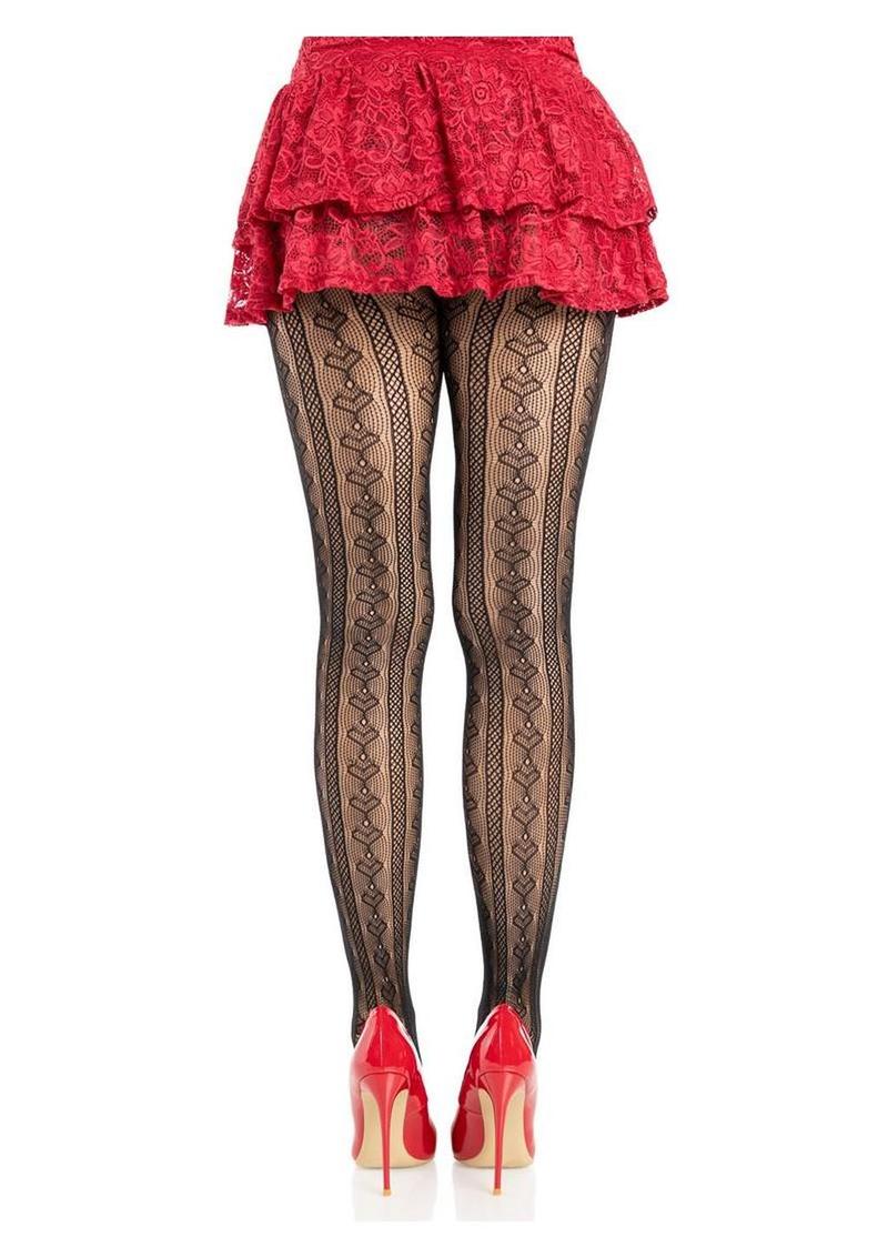 Leg Avenue Sweetheart Striped Net Tights with Keyhole and Mini Bow Detail - Black/Red - One Size