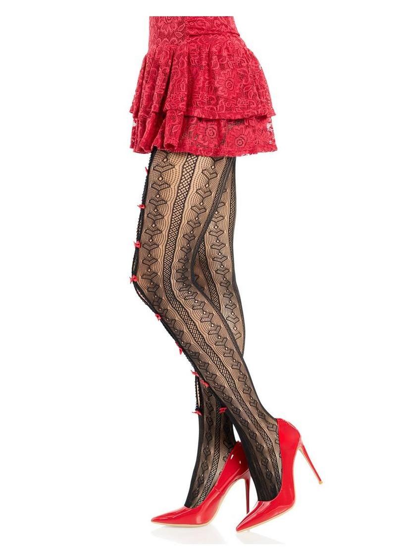 Leg Avenue Sweetheart Striped Net Tights with Keyhole and Mini Bow Detail