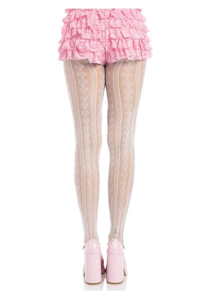 Leg Avenue Sweetheart Striped Net Tights with Keyhole and Mini Bow Detail - Pink/White - One Size