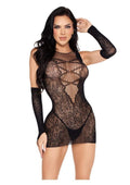 Leg Avenue Wild Rose Lace Mini Dress with Deep-V Net Detail and Matching Gloves (2 Piece) - Os - Black