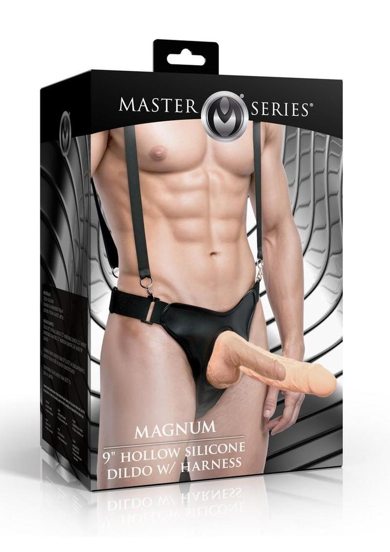 Master Series Magnum Hollow Silicone Dildo with Harness - Vanilla - 9in